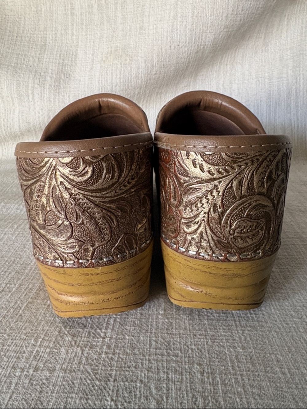 Dansko Brown Metallic Floral Tooled Leather Clogs - Picture 4 of 7